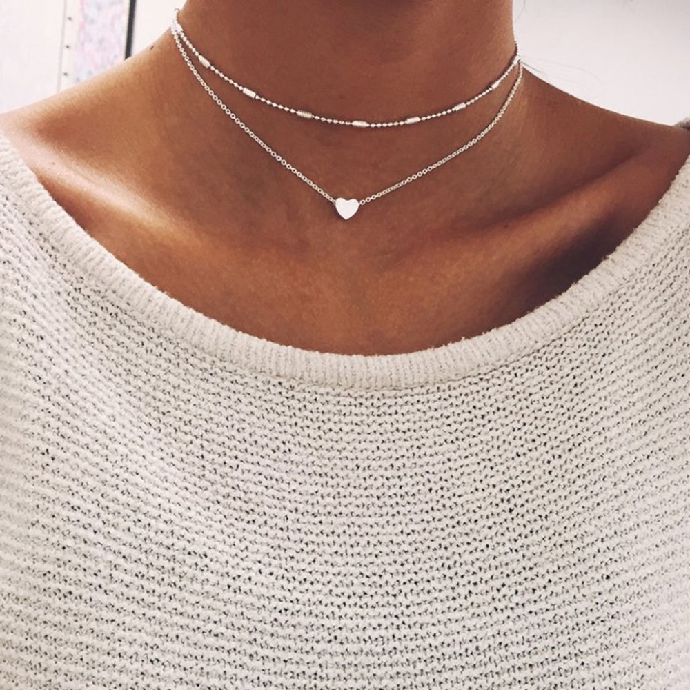 Silver Heart Boho Multi Layered Choker Chain Necklace Set